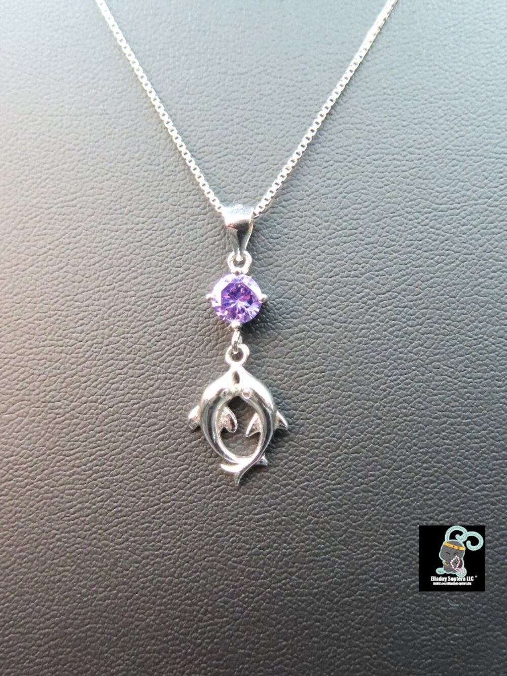 Dolphins & Purple Crystal Pendant 925 Box Chain Necklace